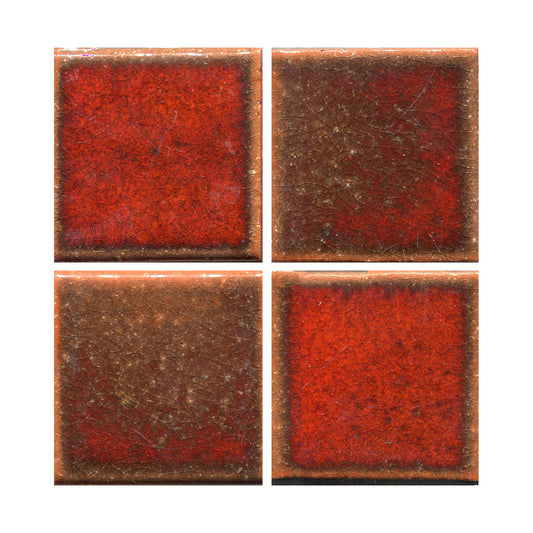 A set of four square ceramic tiles in a mottled orange color with dark edges.