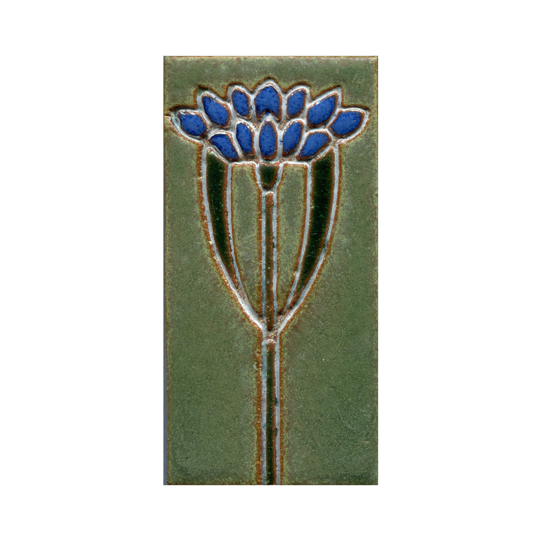 A 3x6 inch vertical ceramic tile with a hand-painted floral pattern, predominantly green with a purple flower design.