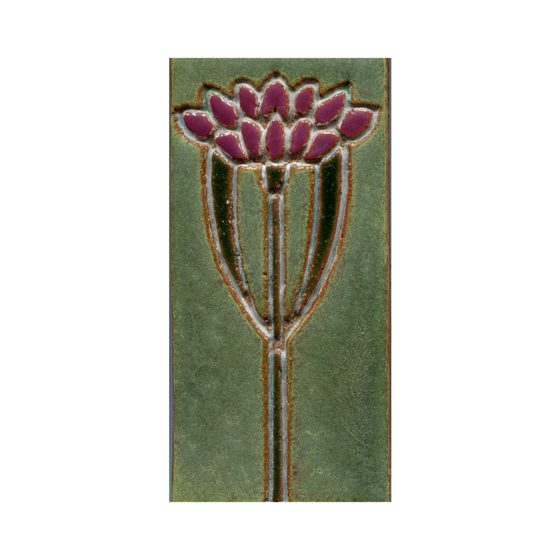 A 3x6 inch vertical ceramic tile with a hand-painted floral pattern, predominantly green with a purple flower design.