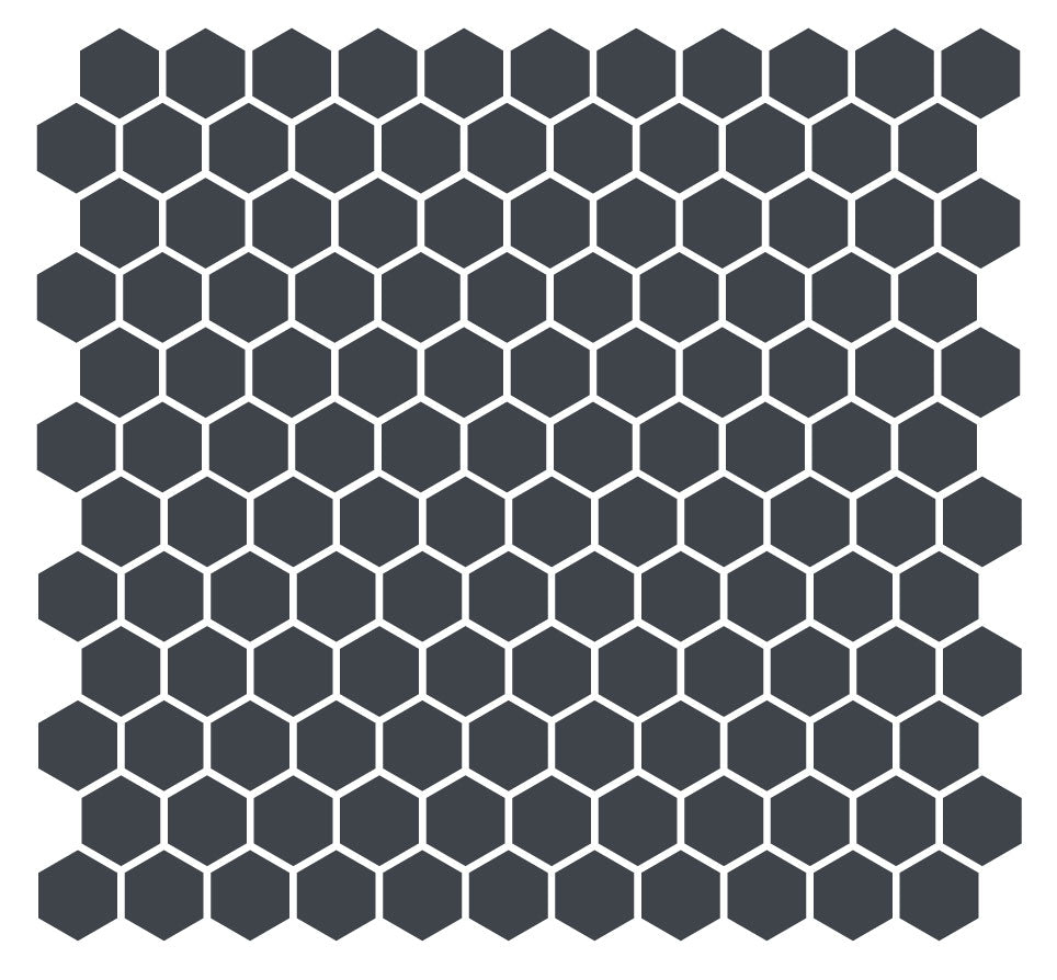 A grid of hexagonal unglazed porcelain floor tiles in a black color, arranged in a pattern.