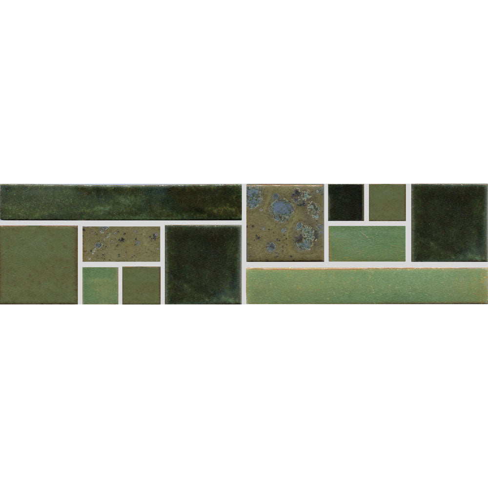 A variety of ceramic tiles in different shades of green and brown, arranged in a pattern that includes different tile sizes and shapes.