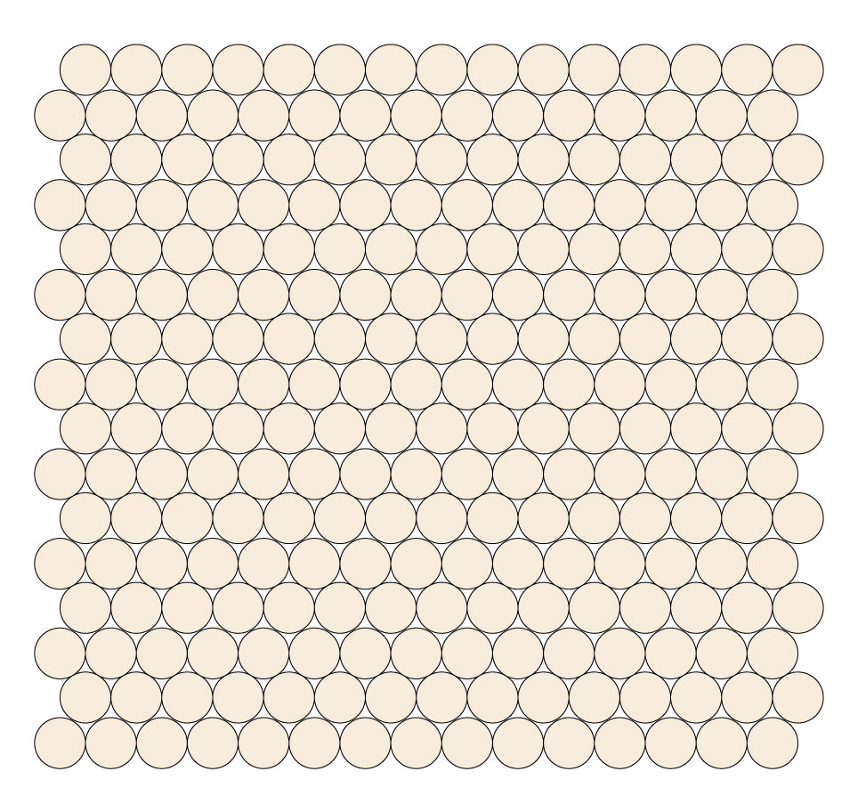 A grid of round unglazed porcelain tiles in cream white
