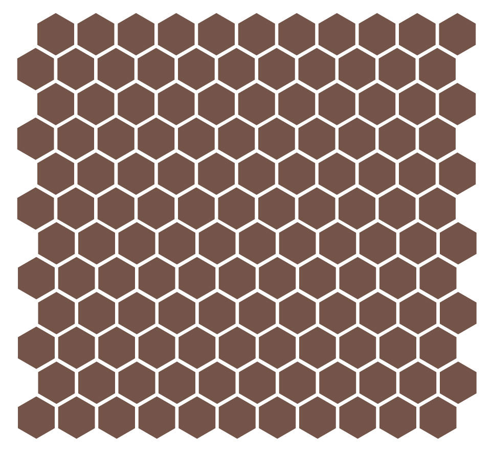 A grid of hexagonal unglazed porcelain floor tiles in a chocolate color, arranged in a pattern.