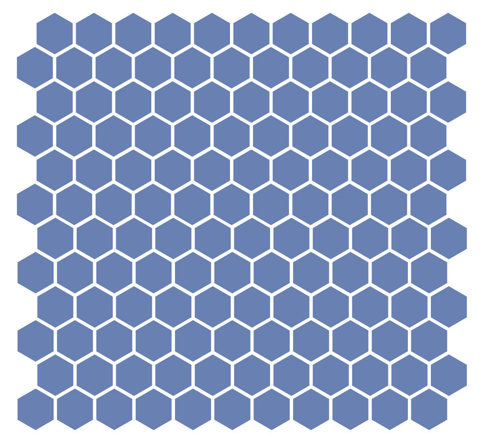 A grid of hexagonal unglazed porcelain floor tiles in a denim blue color, arranged in a pattern.