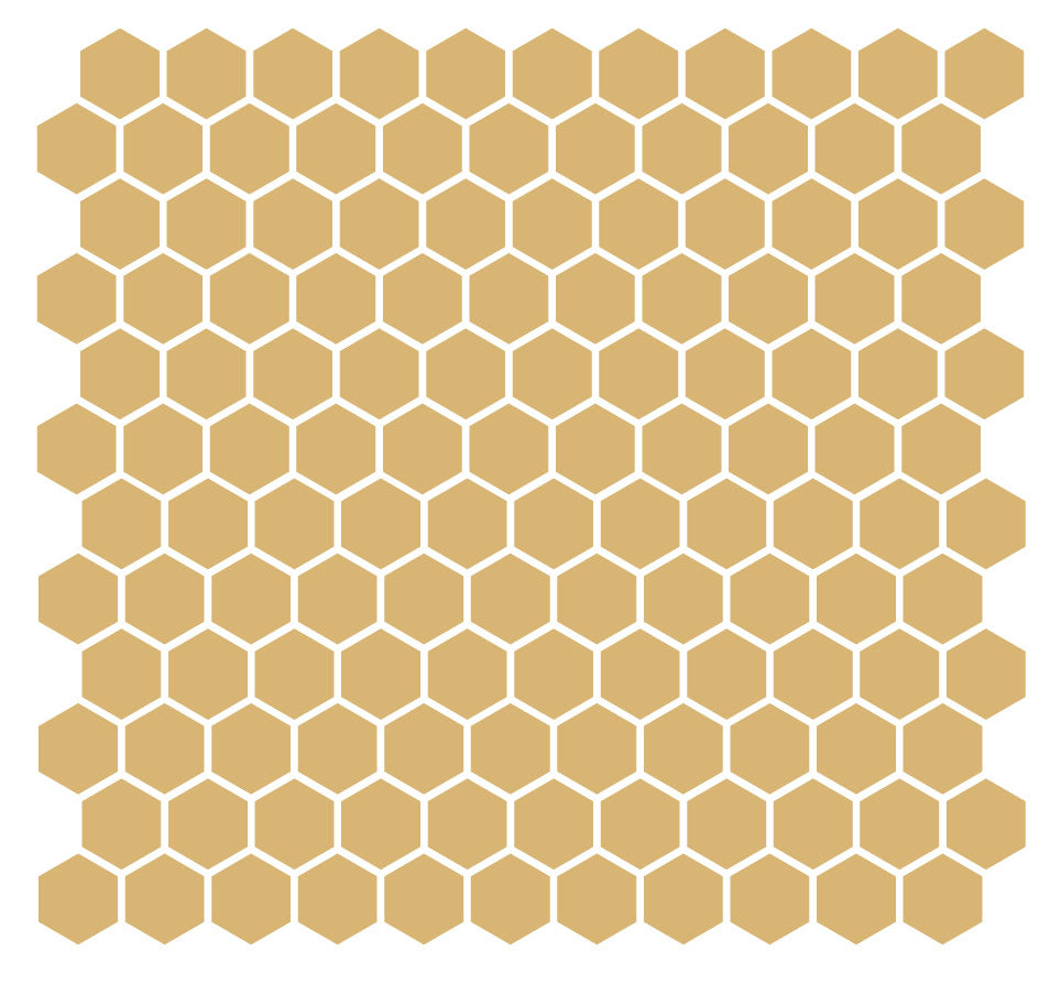 A grid of hexagonal unglazed porcelain floor tiles in a yellow gold color, arranged in a pattern.