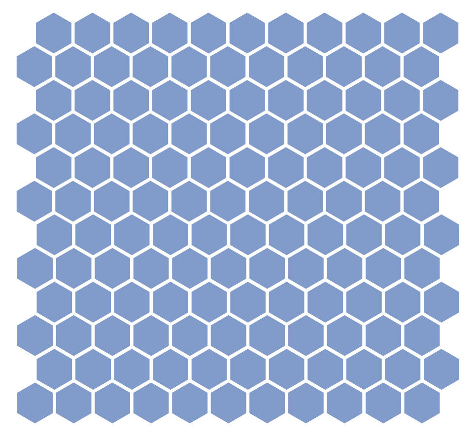 A grid of hexagonal unglazed porcelain floor tiles in a light blue color, arranged in a pattern.