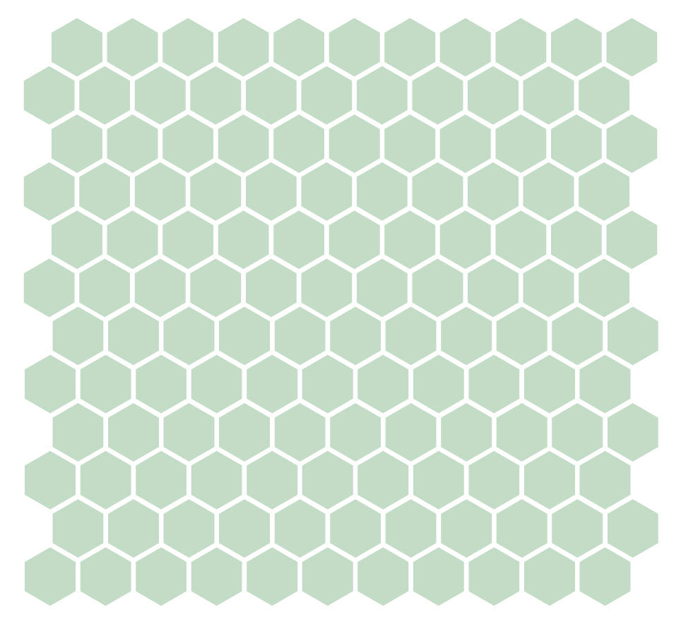 A grid of hexagonal unglazed porcelain floor tiles in a light green color, arranged in a pattern.