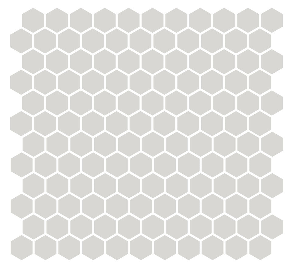 A grid of hexagonal unglazed porcelain floor tiles in a light grey color, arranged in a pattern.