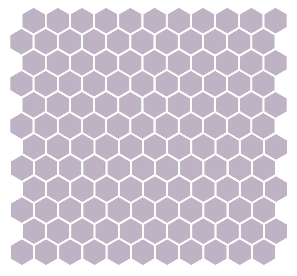 A grid of hexagonal unglazed porcelain floor tiles in a orchid color, arranged in a pattern.