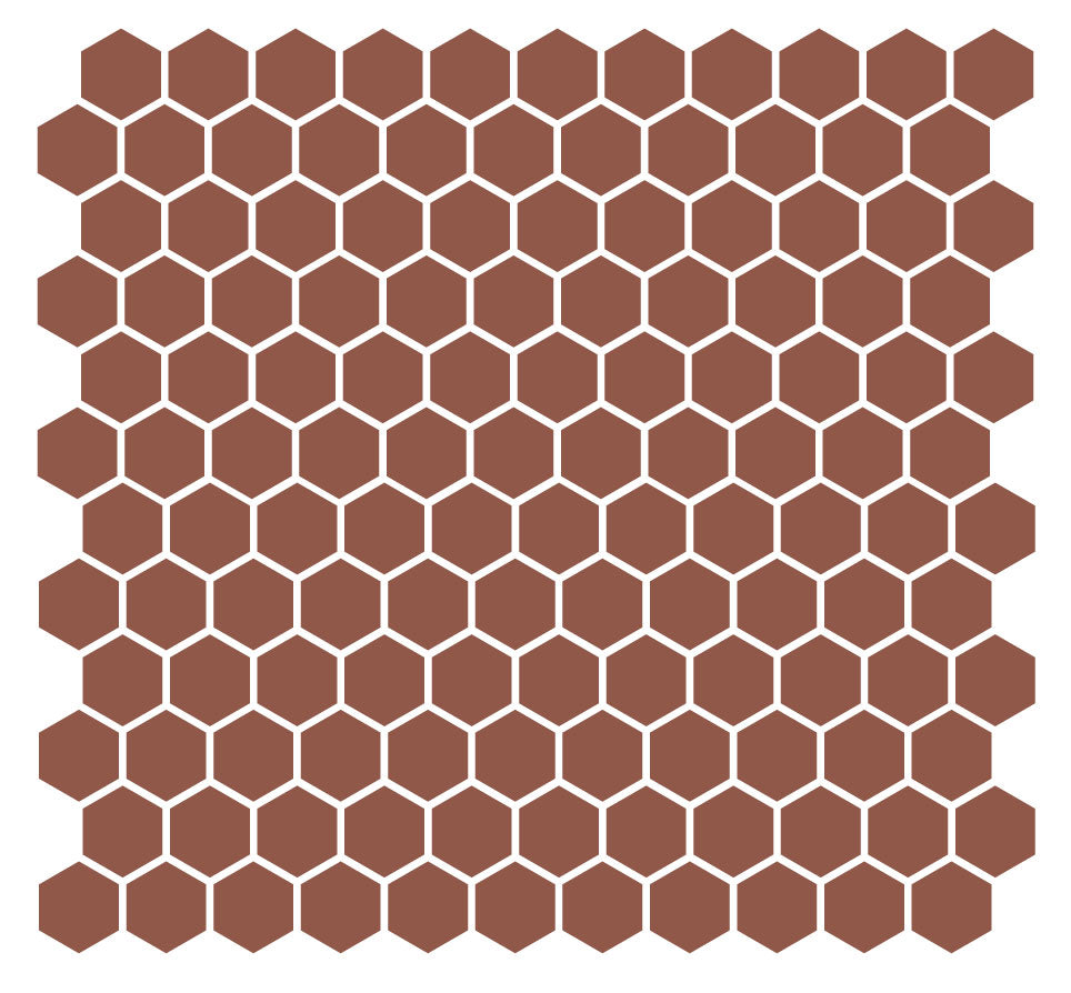 A grid of hexagonal unglazed porcelain floor tiles in a red color, arranged in a pattern.