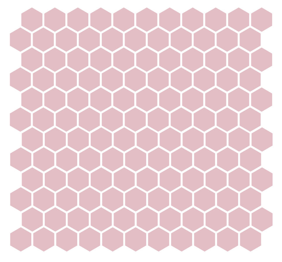 A grid of hexagonal unglazed porcelain floor tiles in a rose color, arranged in a pattern.