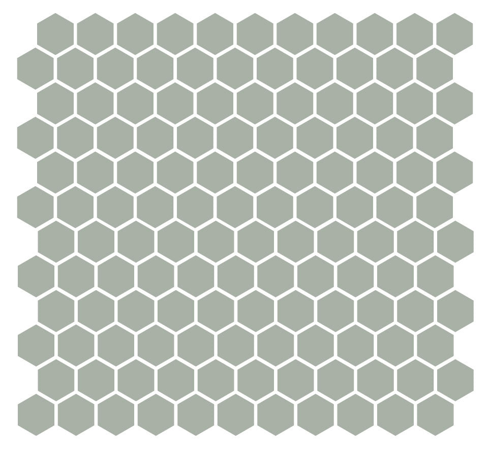 A grid of hexagonal unglazed porcelain floor tiles in a celadon green color, arranged in a pattern.