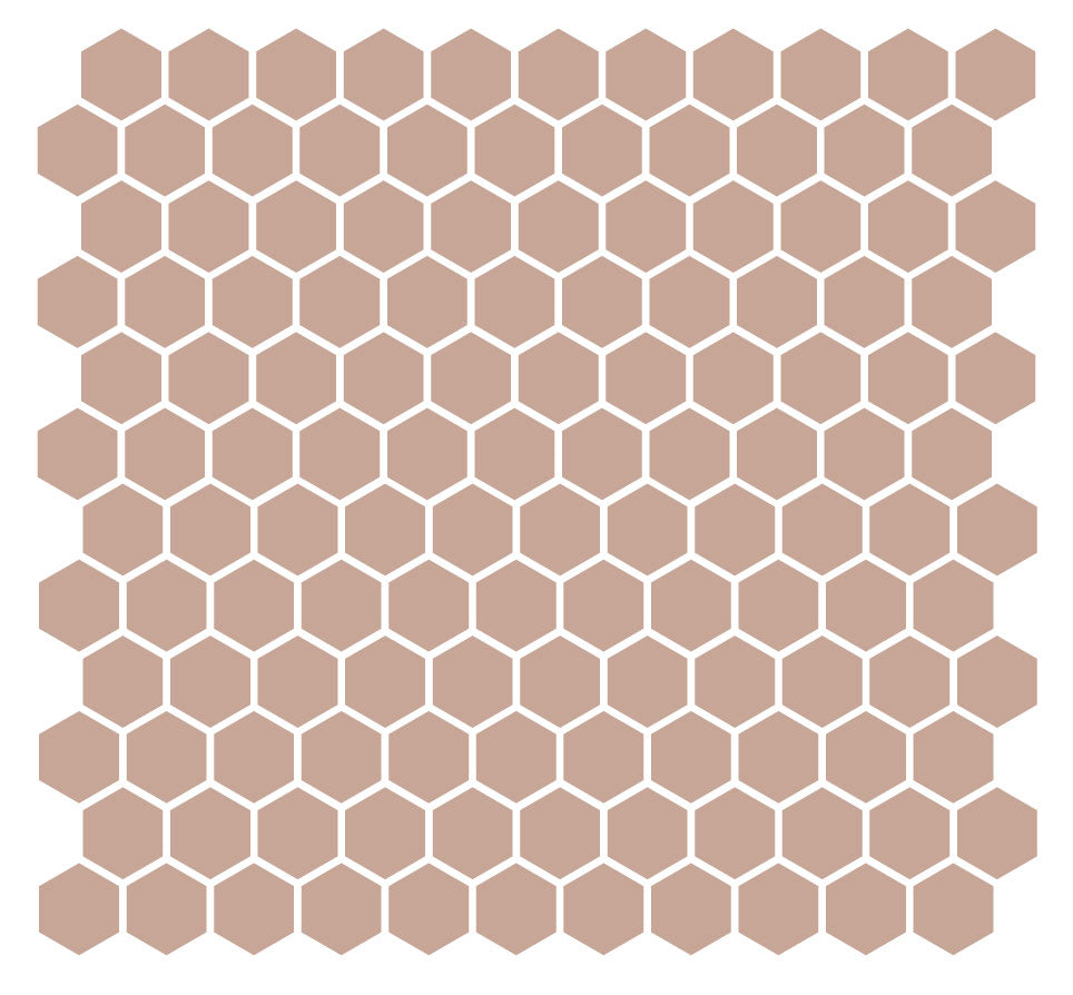 A grid of hexagonal unglazed porcelain floor tiles in a Salmon color, arranged in a pattern.