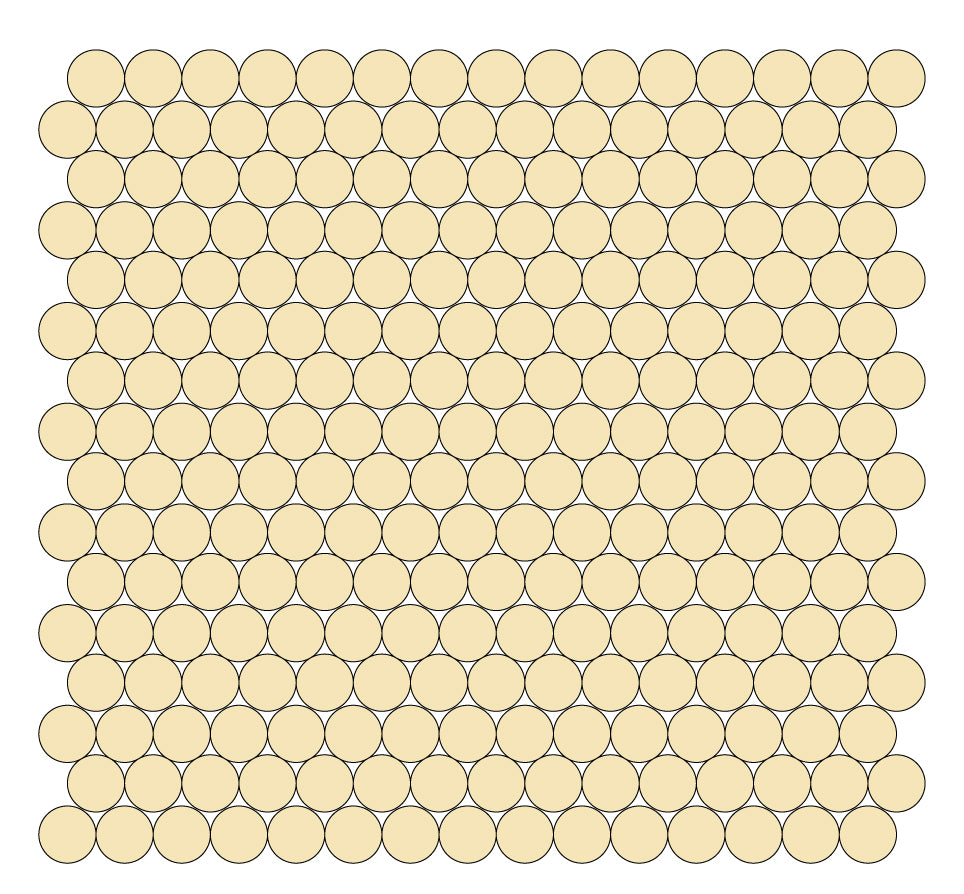 A grid of round unglazed porcelain tiles in light yellow