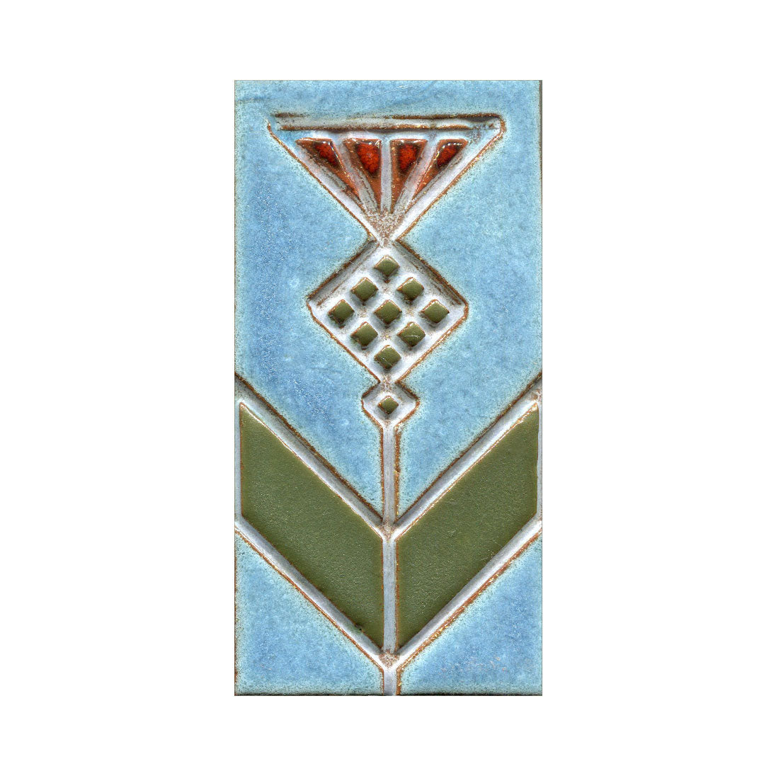 Decorative tile with geometric pattern on a blue and green background