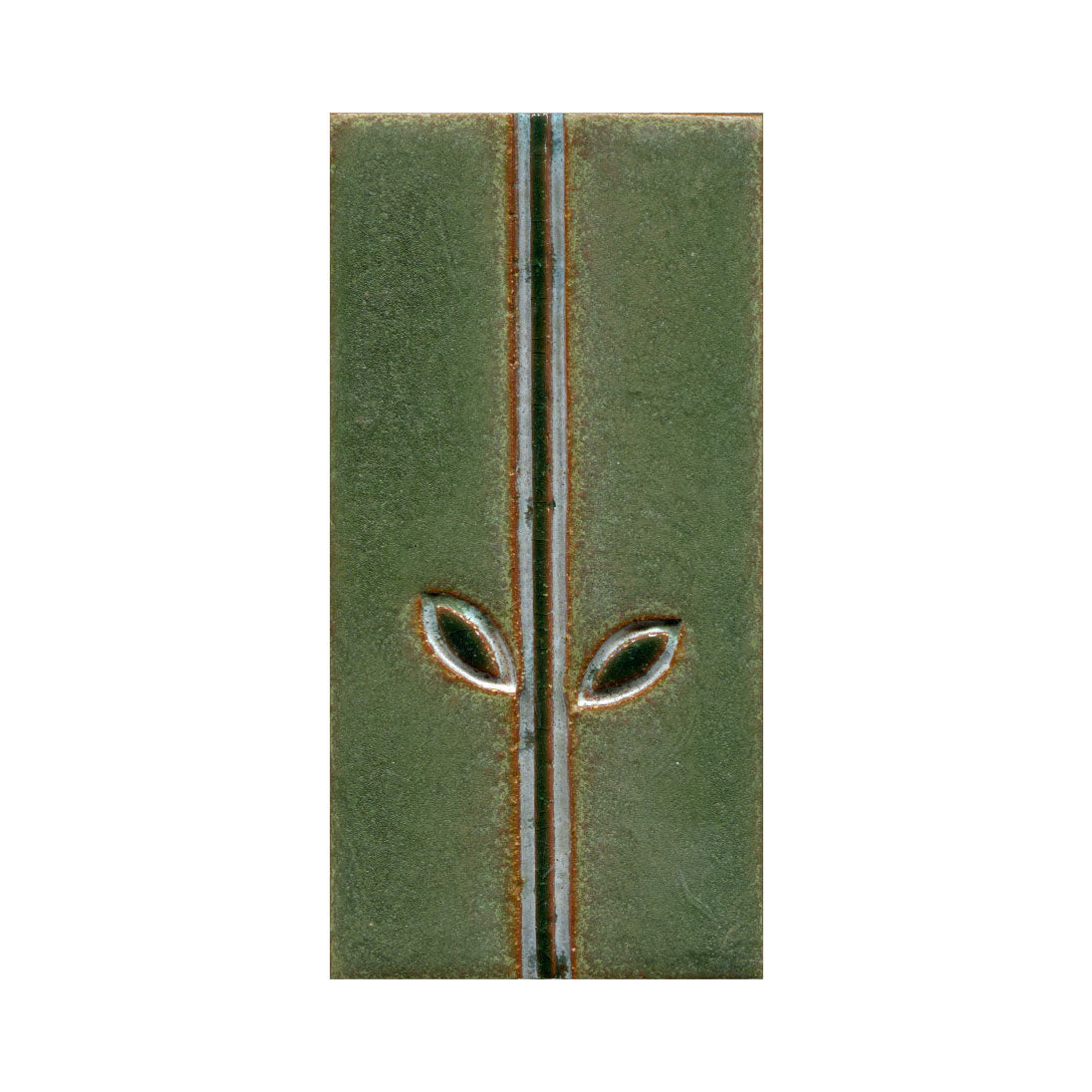 A rectangular ceramic tile with a stamped floral design in the center, featuring blue petals and green leaves on a beige background.