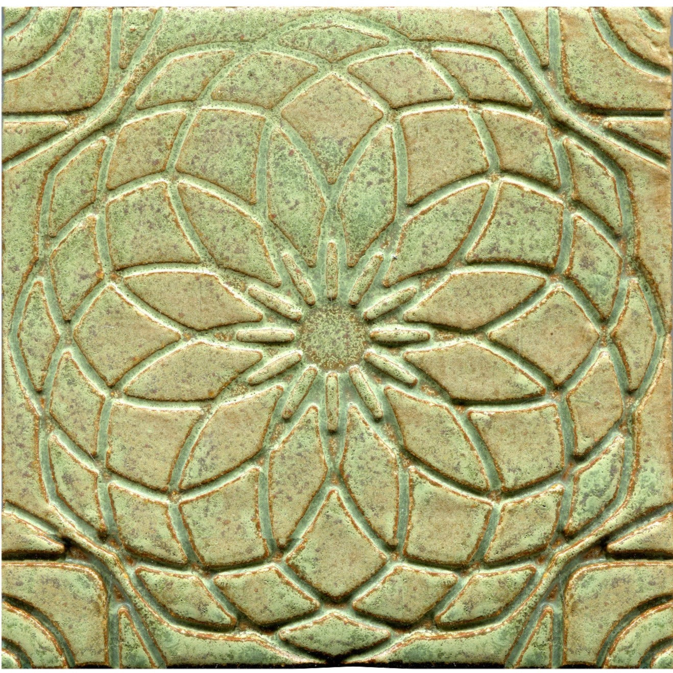Matte Green stamped tile with a geometric floral pattern.