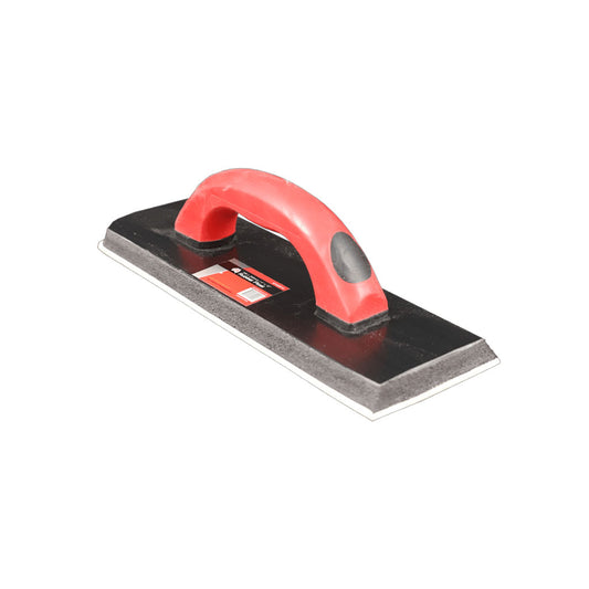 A rubber grout float with a flat, rectangular body and a red handle.