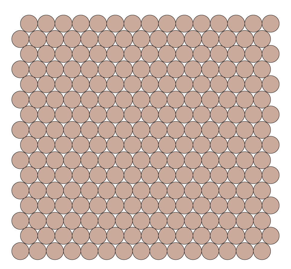 A grid of round unglazed porcelain tiles in Salmon pink