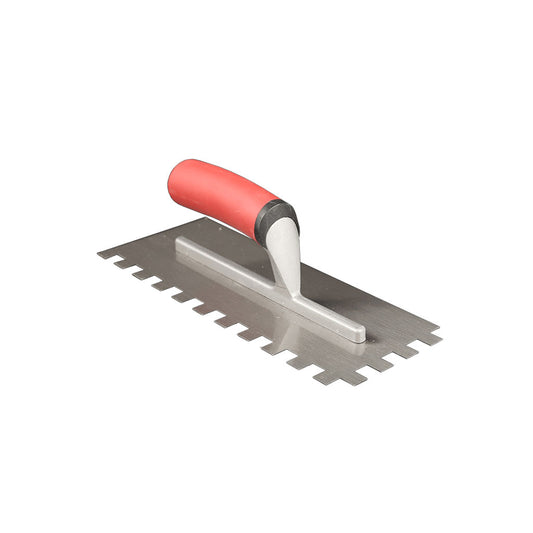 A stainless steel square notch adhesive trowel with a red handle.