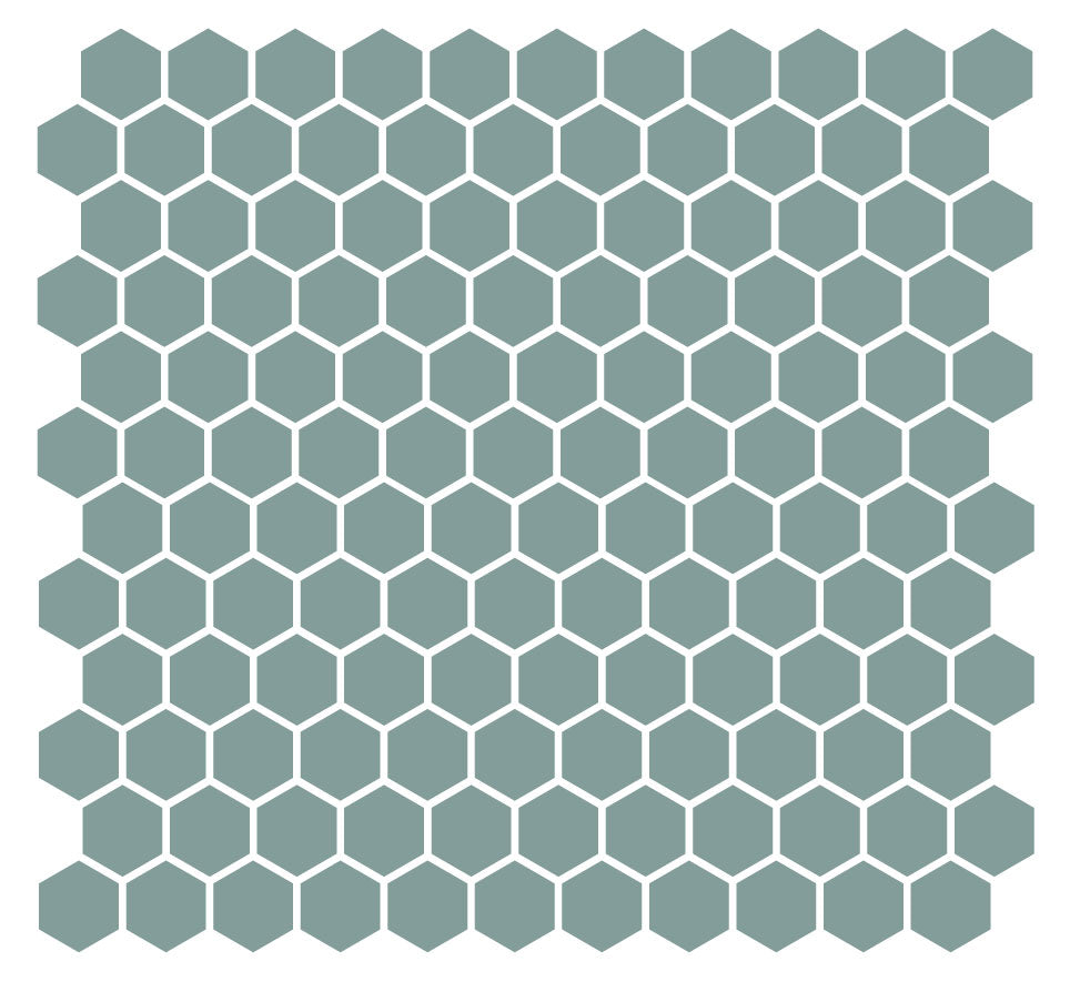 A grid of hexagonal unglazed porcelain floor tiles in a green color, arranged in a pattern.