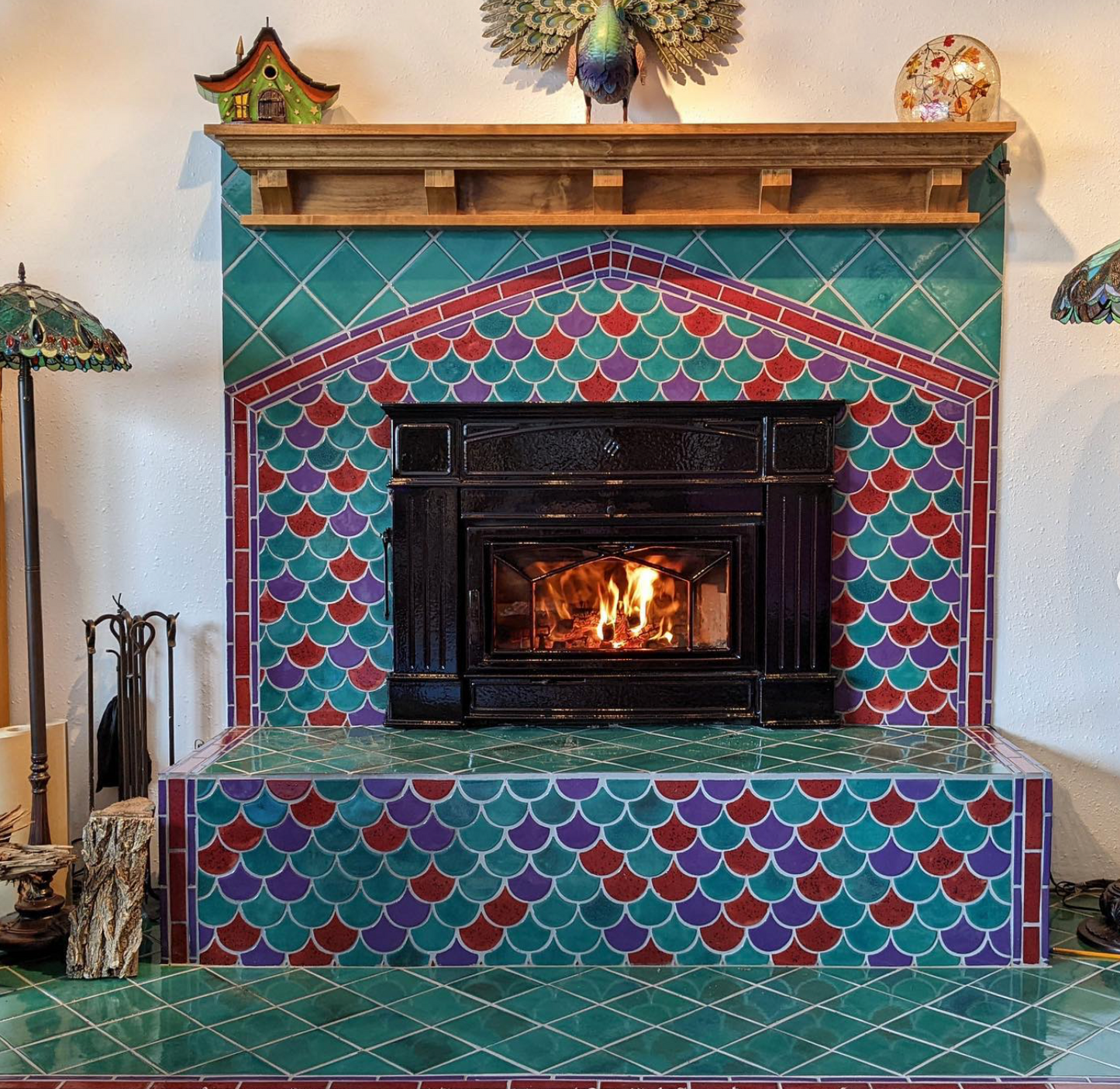 Multi color peacock fireplace