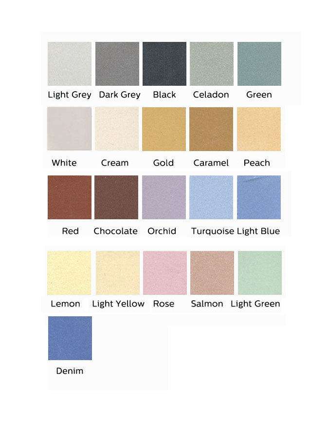 A color palette of unglazed porcelain floor tiles in various shades including grey, black, green, beige, gold, blue, red, and white.