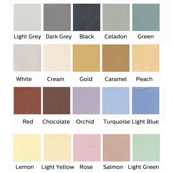 A color palette of unglazed porcelain floor tiles in various shades including grey, black, green, beige, gold, blue, red, and white.