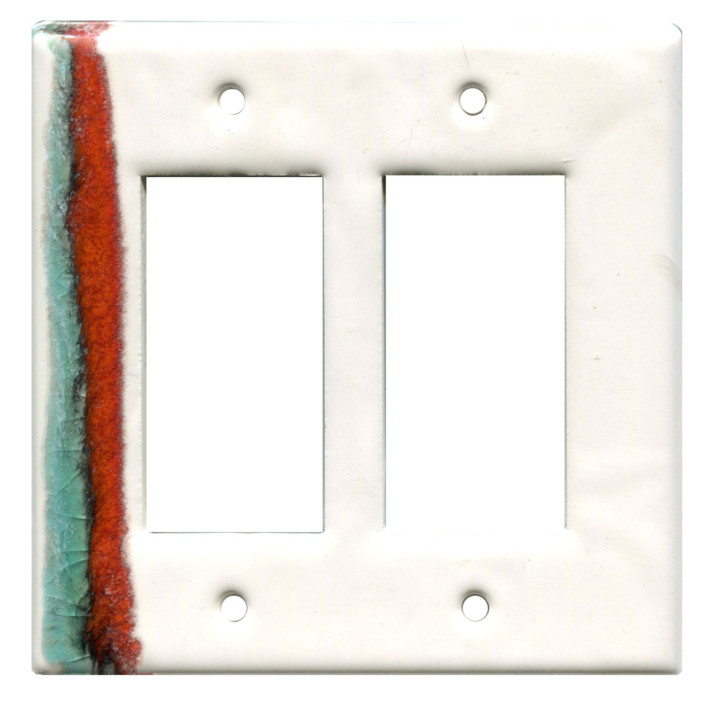 A ceramic double GFI switch plate with a white background and two gamma rays of color in red and blue.