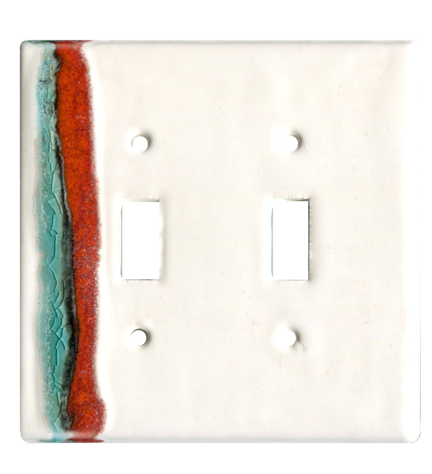 A ceramic double switch plate with a white background and two gamma rays of color in red and blue.
