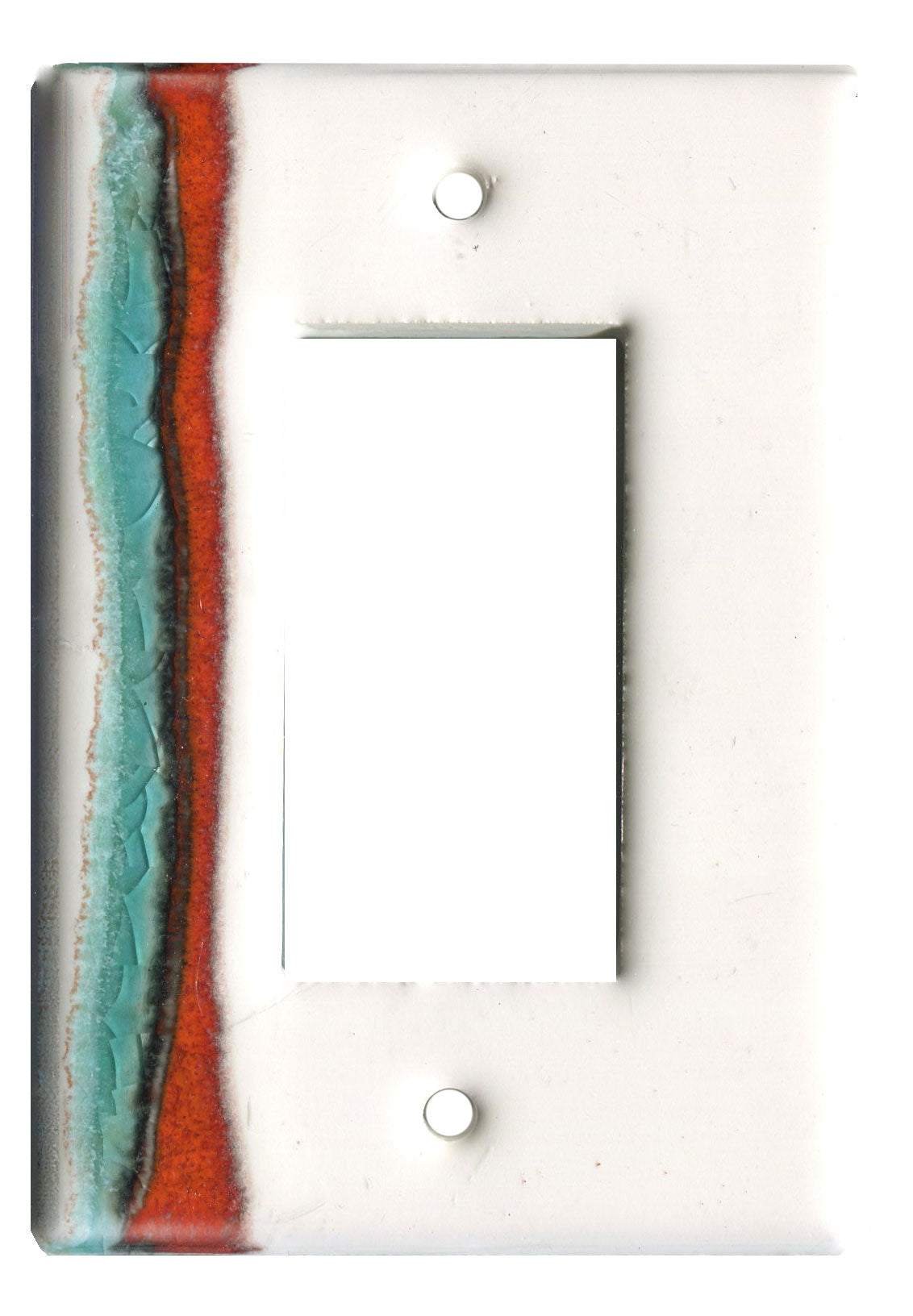 A ceramic GFI plate with a white background and two gamma rays of color in red and blue.