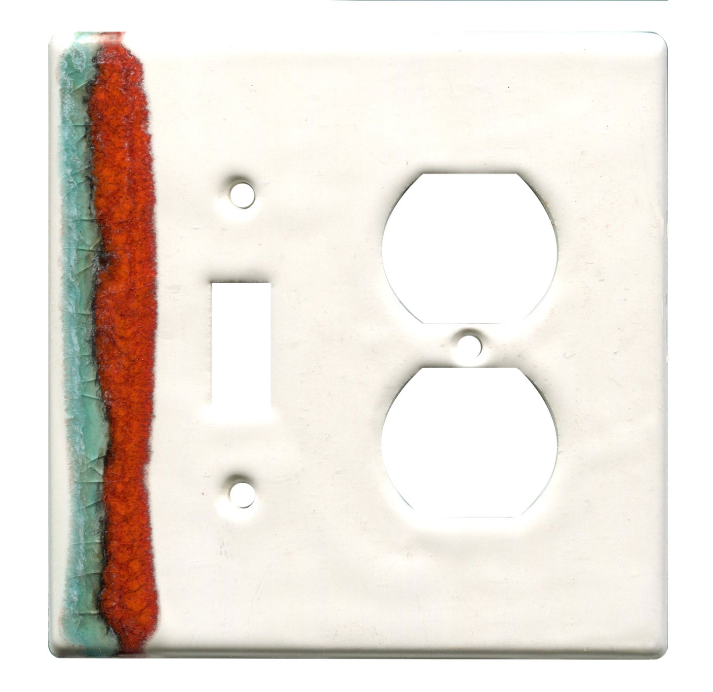 A ceramic outlet/switch plate with a white background and two gamma rays of color in red and blue.