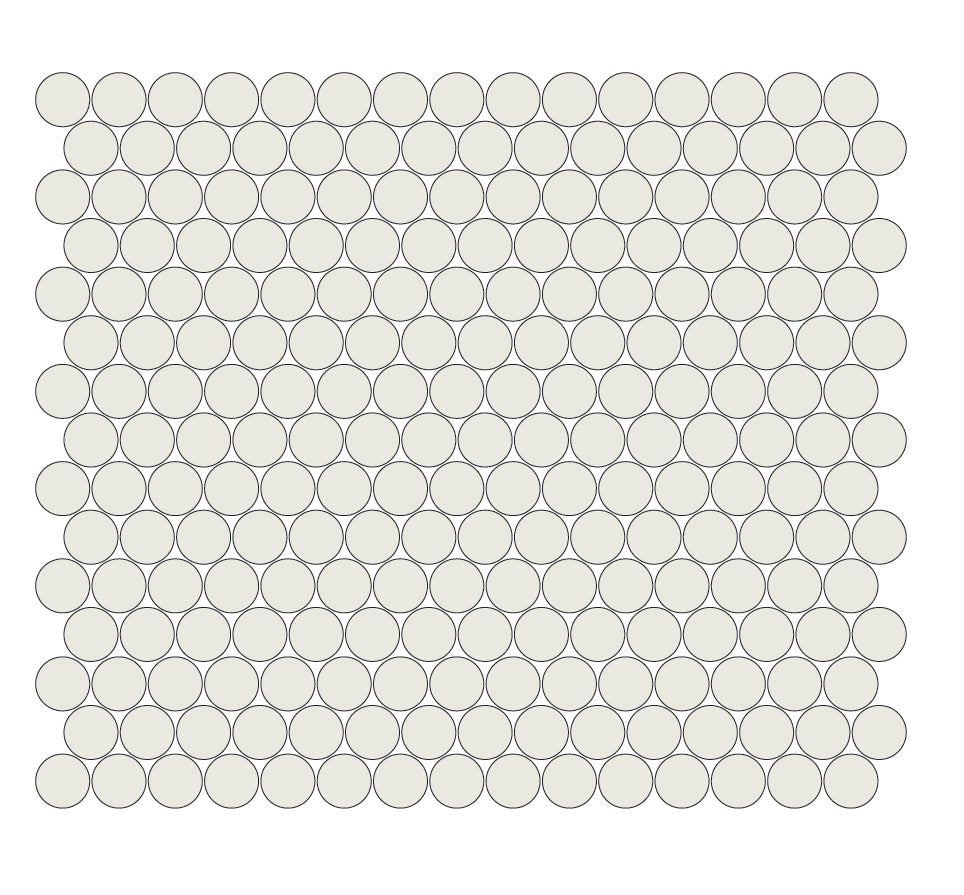 A grid of round unglazed porcelain tiles in white