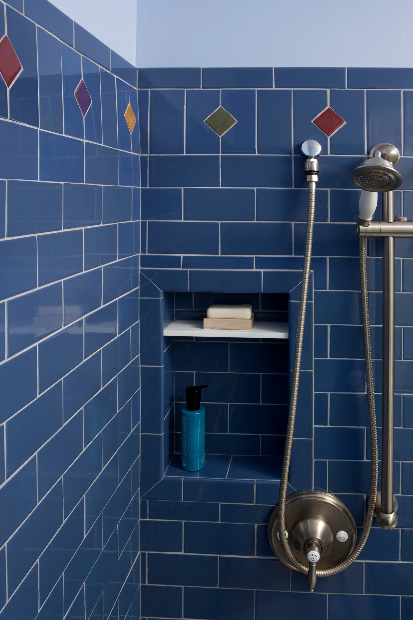 Blueberry subway tile bathroom shower
