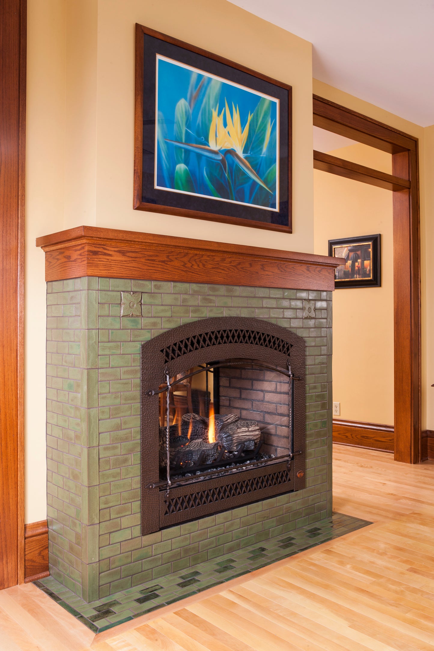 Pesto green glaze field and Medieval Floral tile accents