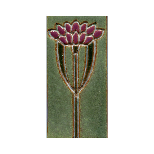 A 3x6 inch vertical ceramic tile with a hand-painted floral pattern, predominantly green with a purple flower design.