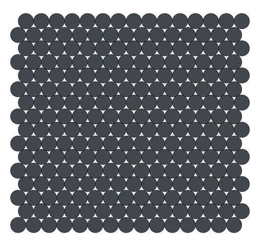 A grid of round unglazed porcelain tiles in black.