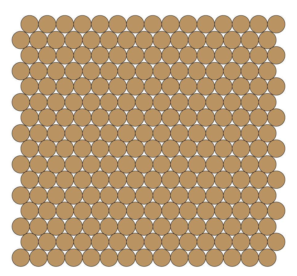 A grid of round unglazed porcelain tiles in caramel.