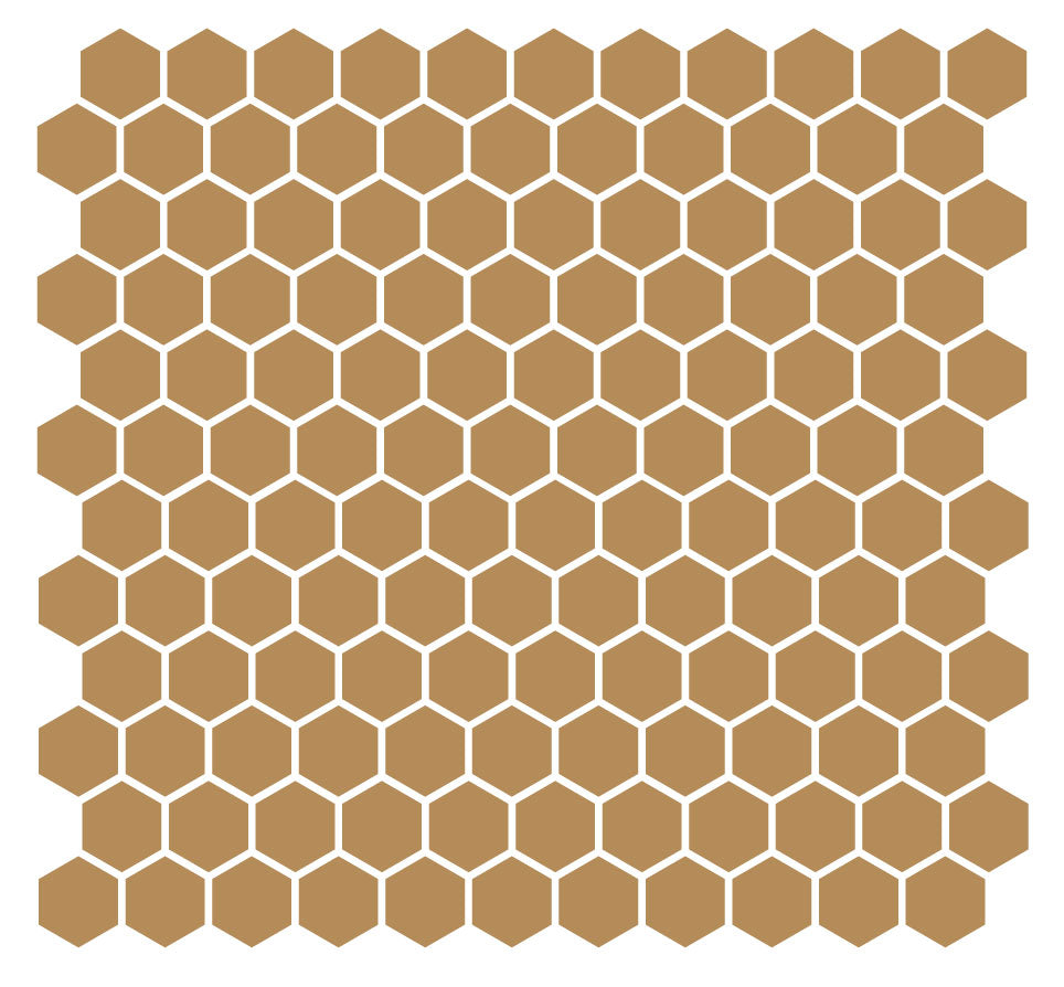 A grid of hexagonal unglazed porcelain floor tiles in carmel brown color, arranged in a pattern.