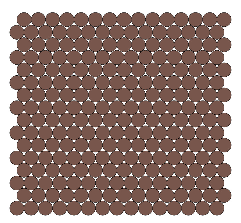A grid of round unglazed porcelain tiles in chocolate brown