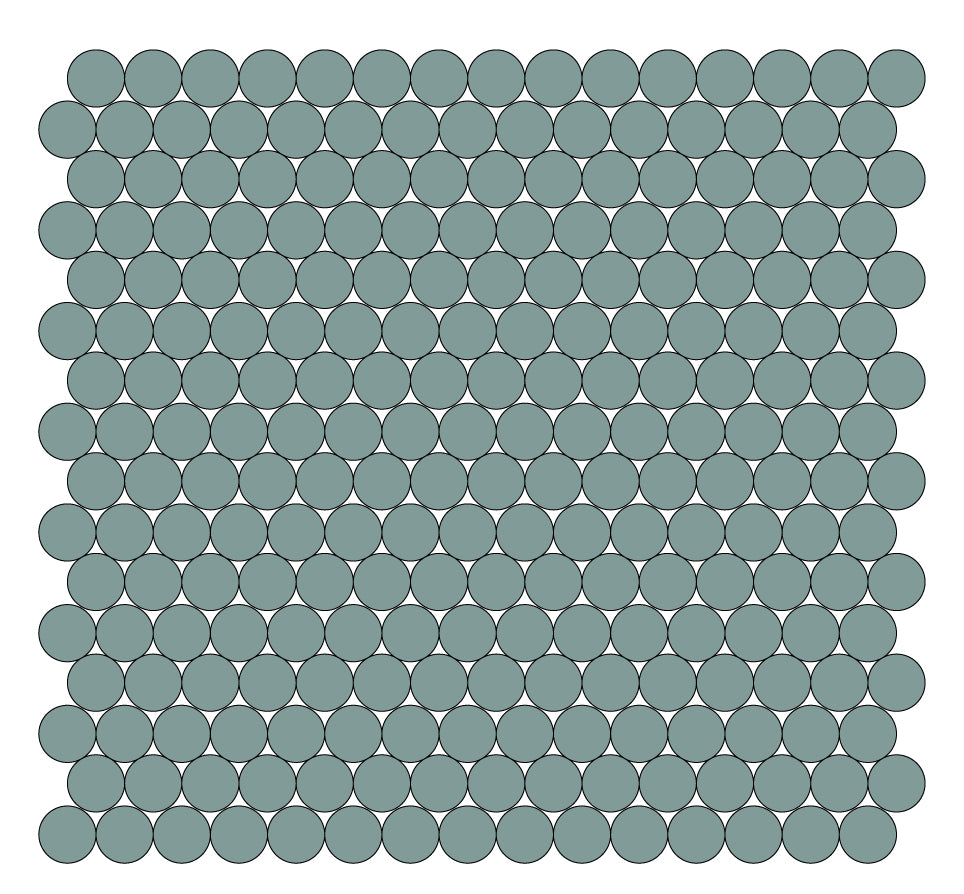 A grid of round unglazed porcelain tiles in green