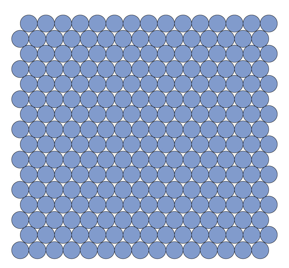 A grid of round unglazed porcelain tiles in light blue