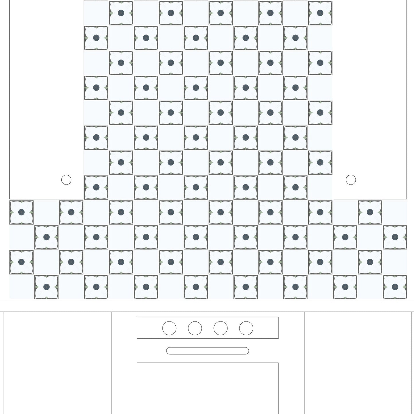 A preliminary sketch drawing of a kitchen design showing tile layout on the walls and floor.