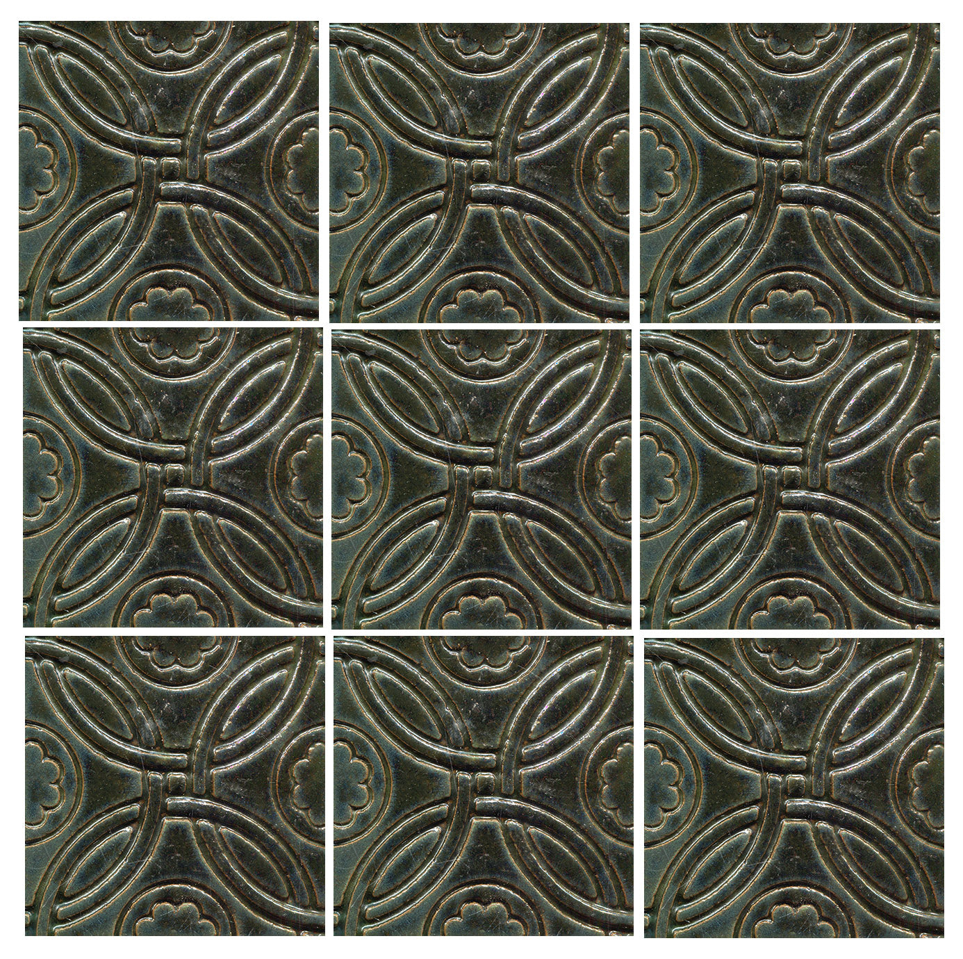 A set of nine square ceramic tiles with a Celtic pattern in various colors.