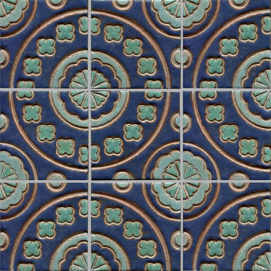 Blue and green floral patterned tile, which is part of a set of connectable accent tiles.