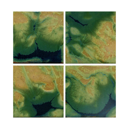 A set of four abstract art pieces showcasing a blend of matte browns and deep blue greens, with variations resembling cosmic or botanical forms.