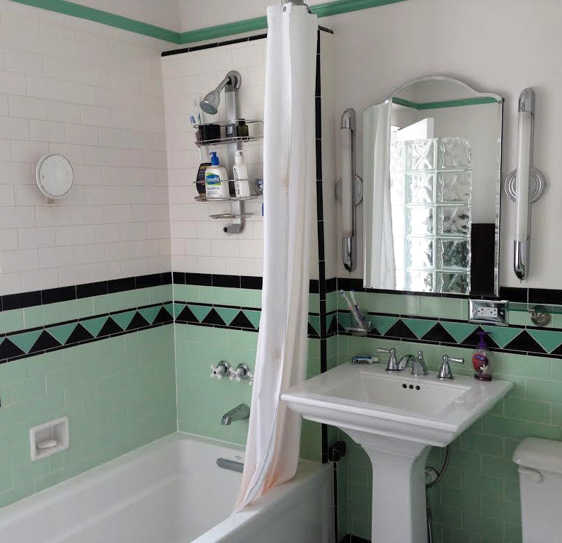 Black trim in Midcentury bathroom